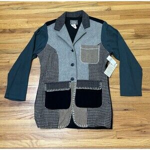 Joujou Patchwork Blazer Jacket Houndstooth  Tweed Gray  Wool Herringbone Sz M